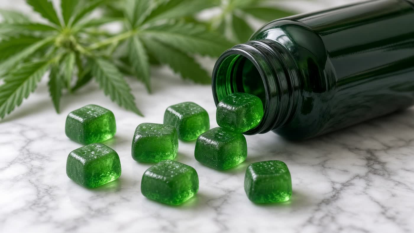 Green CBD gummies beside a dark green glass bottle