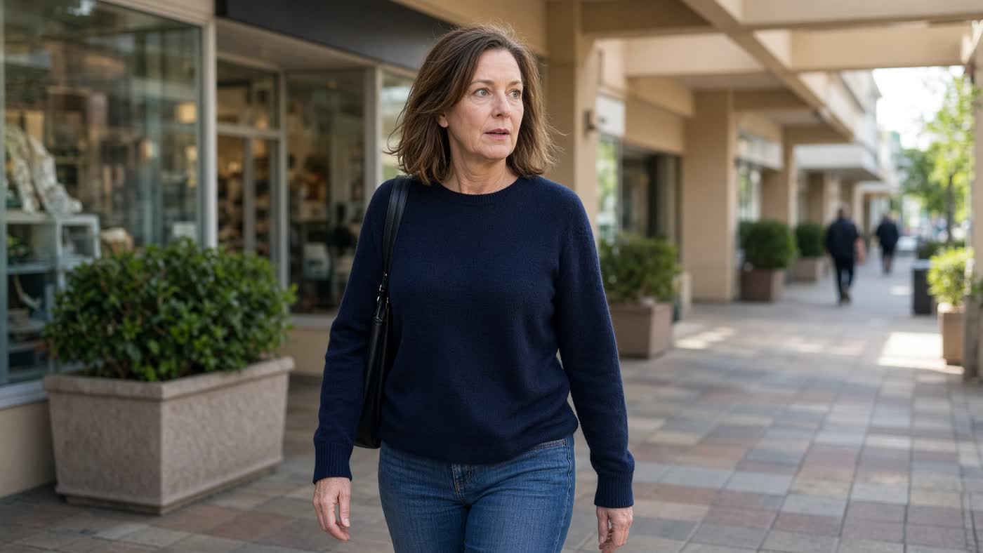 Kathy Rhodes walking through a shopping mall