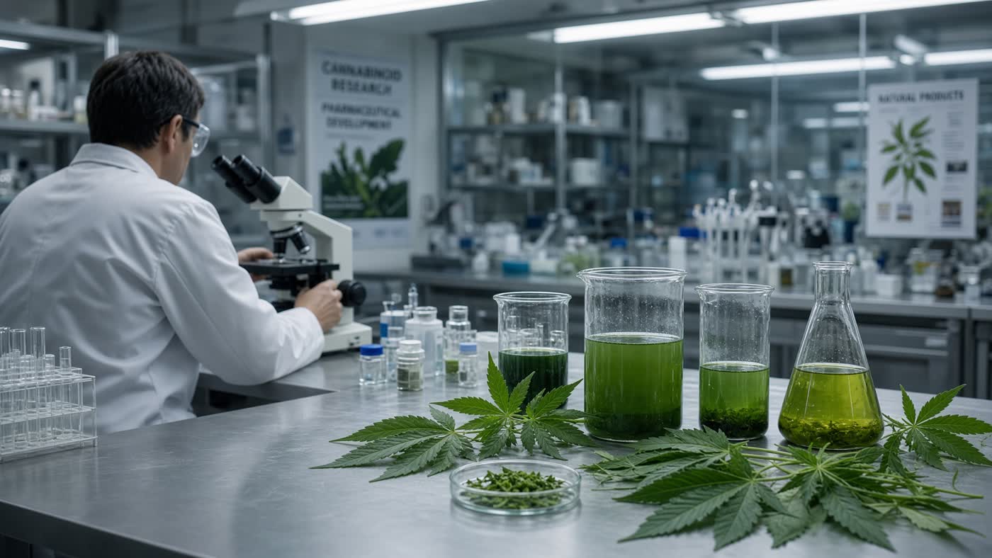 A chemist in a lab coat works with plant extracts